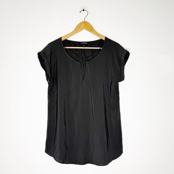 Express Dark Gray Cap Sleeve Satin Blouse Women’s Size Medium - Picture 6 of 8